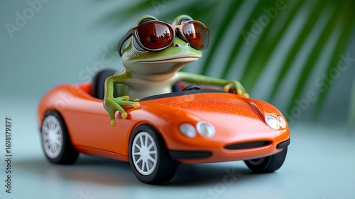 Frog is sitting in a red car with sunglasses on. The frog is wearing a pair of sunglasses and is sitting in the driver's seat