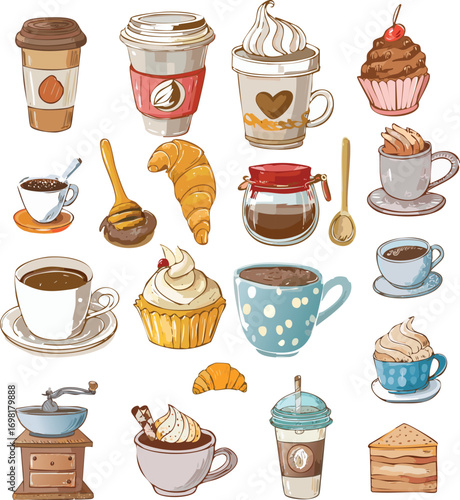 Vector doodle set of coffee cups, croissant, and desserts for cafe menu. Hand-drawn coffee shop elements – mugs, pastries, cupcakes, and drinks