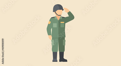 Patriotic military soldier in green uniform and helmet saluting, representing honor, service, and duty