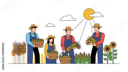 Harmony on the Farm: A community of dedicated farmhands work in harmony, each plays a vital role in harvesting crops under a sun.