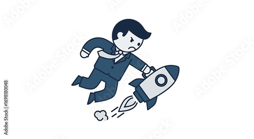 Conceptual illustration of a businessman clinging to a launching rocket, symbolizing the risks and rapid growth of a startup