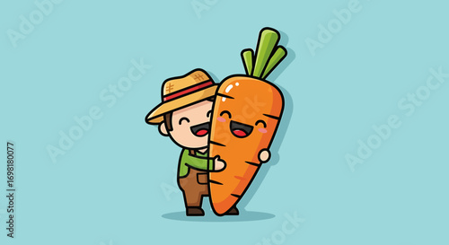 Happy Farmer Hugging a Giant Carrot with a Big Smile