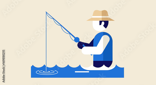 Minimalist illustration of a person enjoying a peaceful day fishing in the water, depicting a serene outdoor hobby and recreational pursuit