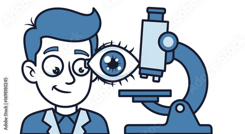 Illustration of a scientist looking through a microscope, a large eye symbolizing research, discovery, and detailed analysis in a laboratory