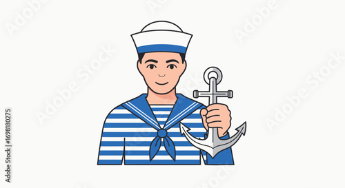 Cheerful young seaman in a classic naval uniform holding a heavy anchor, representing maritime adventure and a seafaring lifestyle