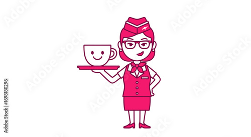 Friendly flight attendant in uniform serving a hot drink with a welcoming smile. Airline hospitality and in-flight service concept