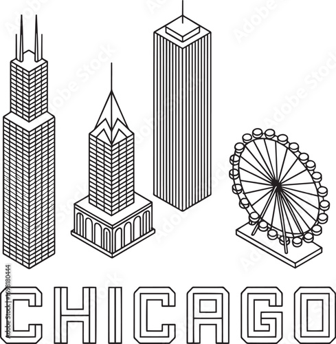 Chicago Illinois Skyline Isometric Vector Illustration with City Name Typography Design