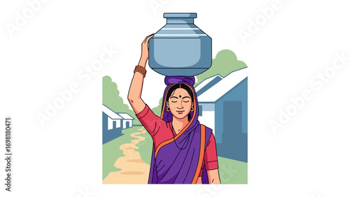 Water Carrier's Journey: A woman gracefully balances a water pot atop her head. She walks along a village path, offering a glimpse into daily life and the vital task of water transportation. 