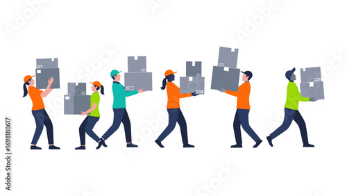 Delivery Team: A group of delivery workers are busy carrying packages