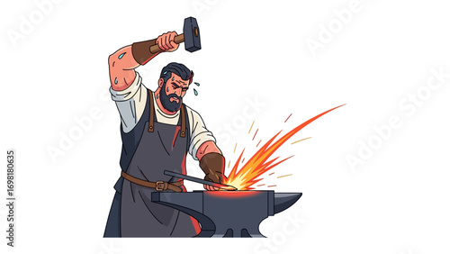 Smith at Work: A blacksmith focuses on the anvil with hammer, sparks, and passion as he shapes a glowing piece of metal