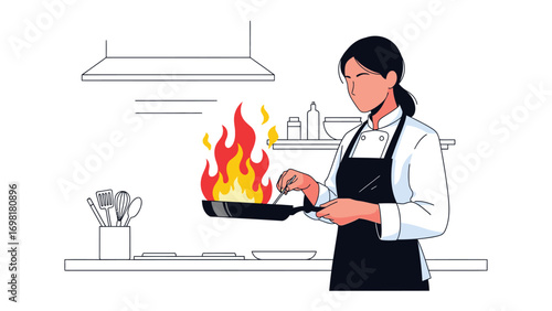 Culinary Drama: A chef navigates a kitchen challenge, her focus unwavering as flames erupt from a pan, highlighting the intensity of her profession.