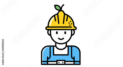Illustration of a construction worker with fruit on a hard hat, a concept for green building, sustainable industry, and fresh ideas