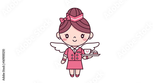 Cute kawaii air hostess character with angel wings serving a drink on a tray. Adorable flight attendant mascot in a pink uniform representing charming and friendly airline service