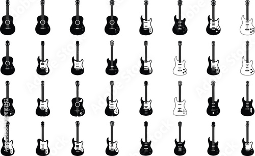 Collection of diverse electric and acoustic guitars displayed in a grid, showcasing musical instruments.