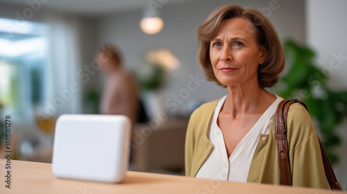 Tablet with a security interface on a living room table a woman with a bag in the background preparing to leave smart home security digital interface modern living technology Free Download Tablet with a security interface on a living room table a woman with a bag in the background preparing to leave smart home security digital interface modern living technology - GFXLoad
