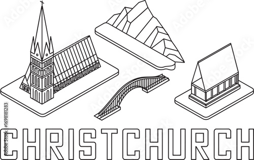 Christchurch New Zealand Skyline Isometric Vector Illustration with City Name Typography