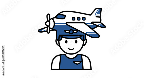 Creative concept icon of a pilot with an airplane for a hat, symbolizing the dream of flight and a passion for aviation