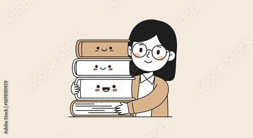 A charming cartoon illustration of a happy young student with glasses holding a stack of cute, smiling books, representing the joy of learning and a love for reading