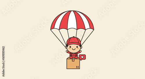 Fast air shipping service concept with a cute cartoon delivery character parachuting down with a parcel for e-commerce logistics