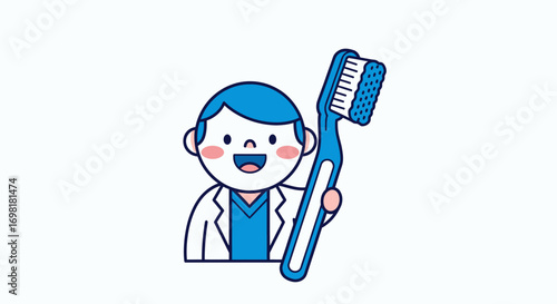 A friendly cartoon dentist or doctor holding a large toothbrush, illustrating the concept of oral hygiene and professional dental care