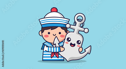 A cute kawaii sailor boy cartoon character hugging a friendly smiling anchor. A charming nautical illustration representing childhood friendship and sea adventures