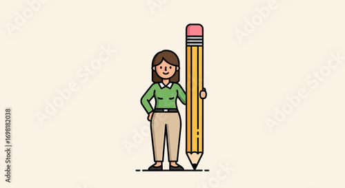 Smiling professional woman standing confidently next to an oversized pencil, symbolizing education, creative writing, or large-scale project ideas and academic achievements