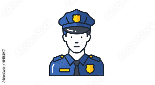 Vector icon of a policeman in a blue uniform and cap. A simple graphic illustration symbolizing law, order, security, and public service