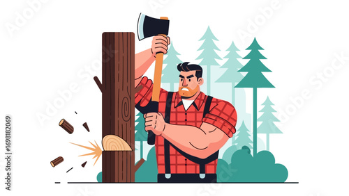 Lumberjack's Labor: A powerful lumberjack with a focused gaze and sturdy stance, cleaves into a robust tree trunk with an axe, symbolizing strength and the hard work of forestry