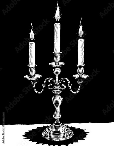 Engraving style three-branched candlestick with lit candles, black and white