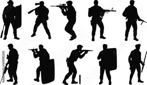 Military soldier silhouettes vector, armed forces with weapons, tactical team illustration, special forces design, combat action pose art