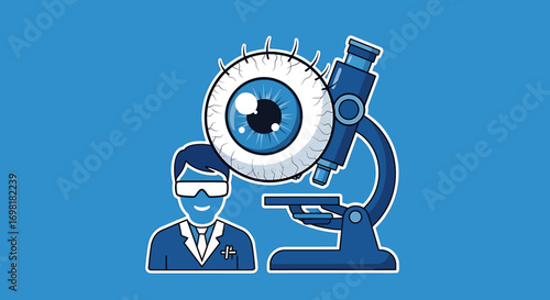Unraveling the mysteries of sight A modern illustration featuring a researcher meticulously examining a large eyeball under a microscope, symbolizing cutting-edge vision science and ophthalmology