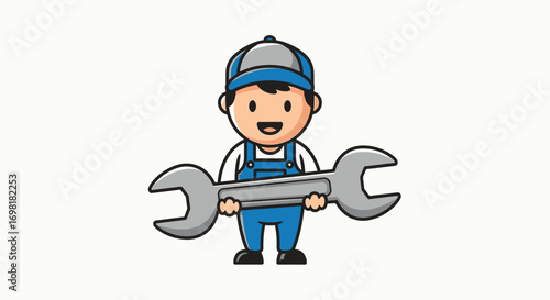 A cheerful cartoon mechanic character holding a large wrench, representing repair and maintenance services in a friendly and approachable manner