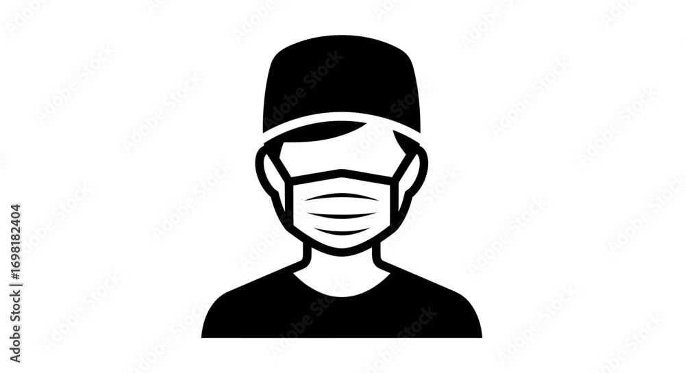 Illustration of a medical professional wearing a surgical mask and cap, symbolizing healthcare and safety protocols Illustration of a medical professional wearing a surgical mask and cap, symbolizing healthcare and safety protocols