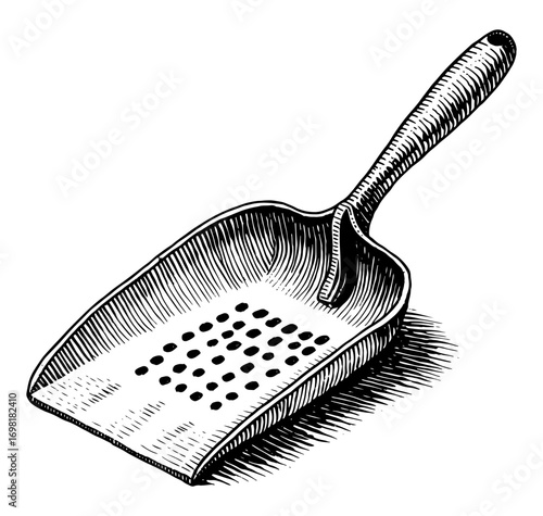 Perforated scoop in a woodcut style, black and white