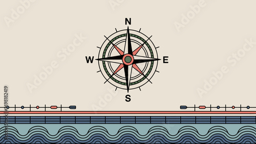 A nautical themed illustration featuring a compass rose above stylized waves and a ship deck design