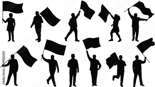 Silhouettes people waving flags, protest demonstration, activism, political rally, freedom movement, public gathering, unity, social cause, flag waving, vector illustration