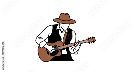 Silhouette of a musician playing an acoustic guitar, wearing a hat and vest, isolated on white background