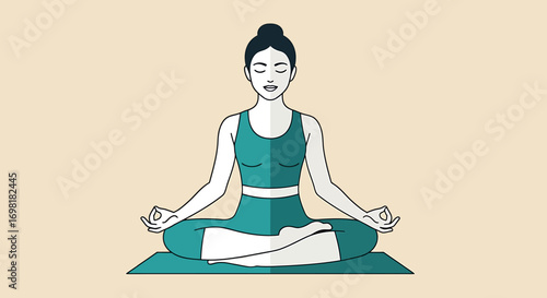 Flat design illustration of a woman finding inner peace through meditation and yoga, promoting a serene and mindful approach to health and wellness