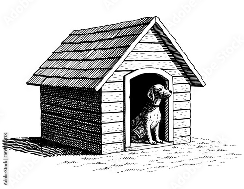 Dog sitting in a doghouse in black and white