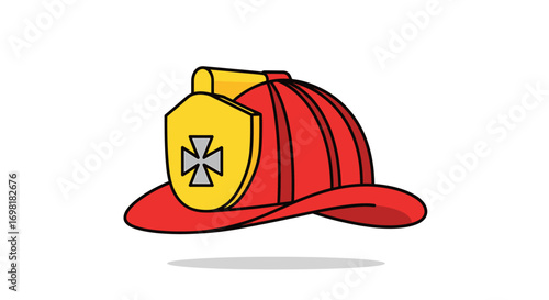 A stylized illustration of a firefighter's helmet, red with a yellow shield featuring a white cross emblem