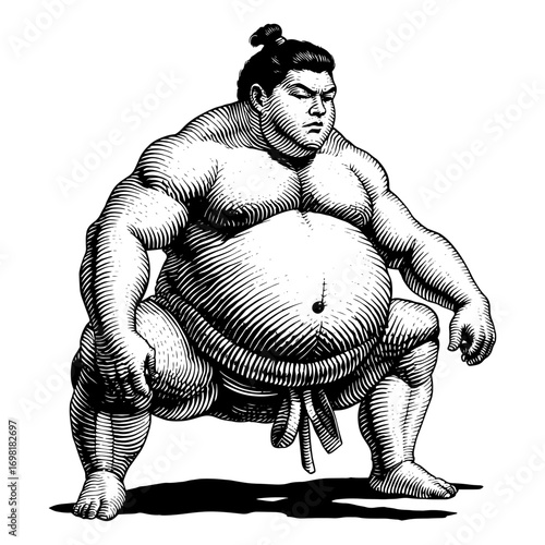 Sumo wrestler in a fighting stance in black and white