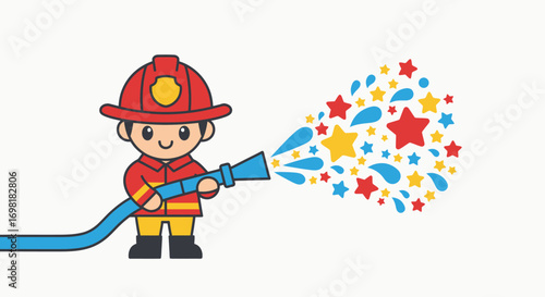Adorable Firefighter Sprinkling Festive Stars A Fun Cartoon Illustration