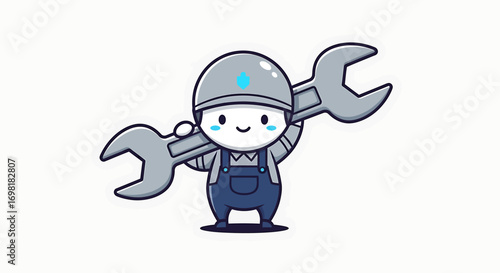A cute cartoon character in overalls holding a large wrench, symbolizing maintenance and repair work