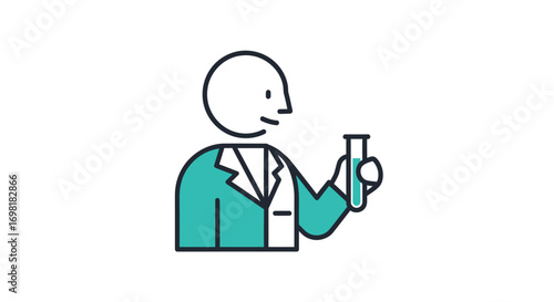 Minimalist line icon of a scientist in a lab coat holding a test tube. Vector graphic for science, research, and laboratory experiment concepts