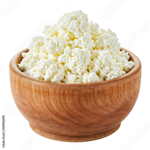 Curd cheese in a wooden bowl , isolated on transparent background, png