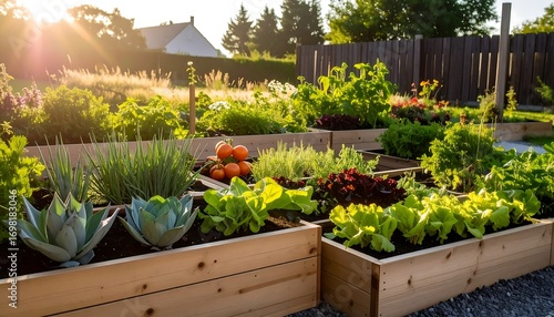Sun-drenched garden boxes brimming with vibrant vegetables and herbs