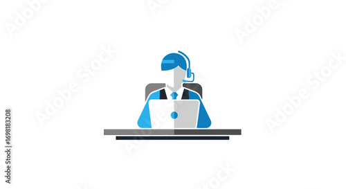 Customer service agent with headset and laptop icon. Flat vector illustration of a call center operator providing online support and assistance