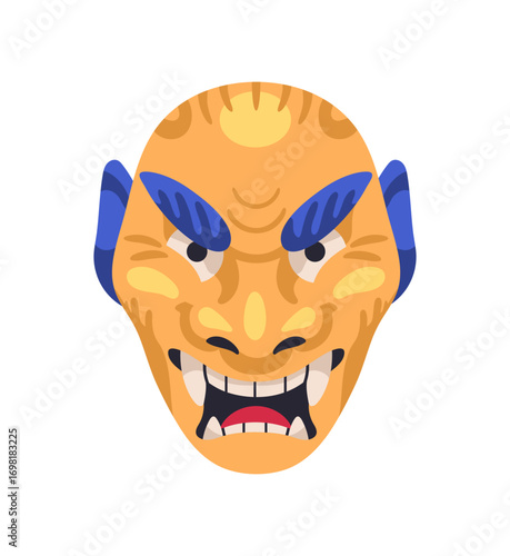 Hannya kabuki mask. Ancient masque with face of angry demon of East Asian culture. Traditional Japanese theatre disguise with devil, Oni. Flat isolated vector illustration on white background