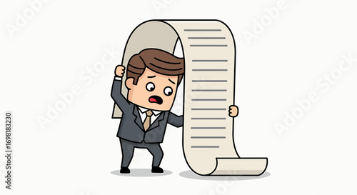 Anxious cartoon businessman in a suit looking overwhelmed by a very long list of rules, tasks, or financial bills