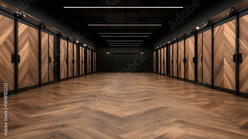 Dimly Lit Hallway Perspective with Herringbone Wooden Doors and Rustic Flooring